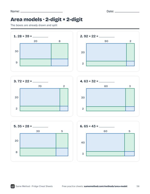 A practice sheet with six area model problems