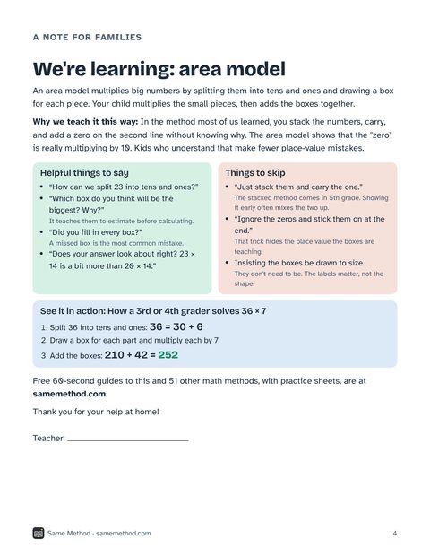 A parent letter explaining the area model