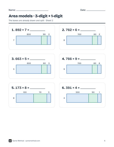 One of eight area model practice sheets